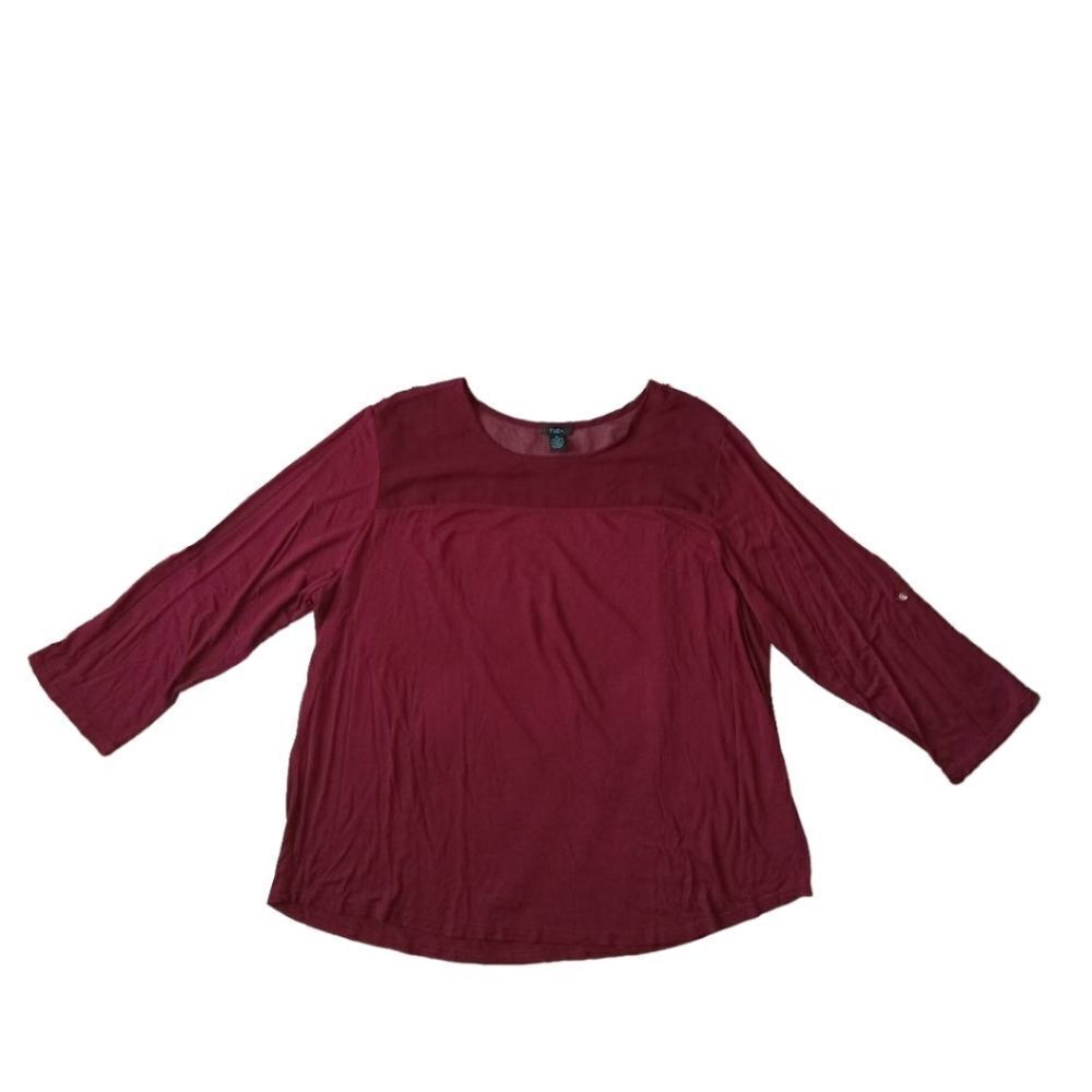 Rue21 Plus Size Maroon Red Sheer Mesh Yoke Roll Tab Sleeves Casual Shirt 3X
